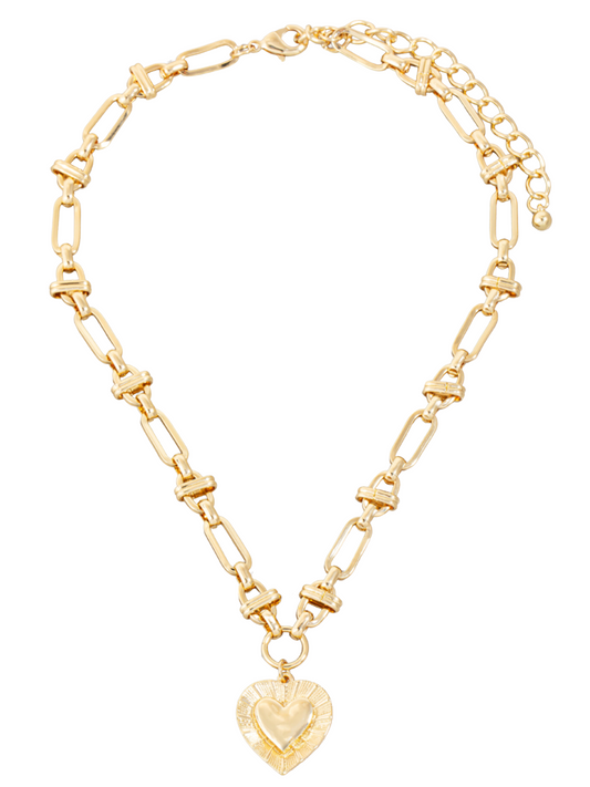 Metallic Heart Pendant Intricate Chain Necklace