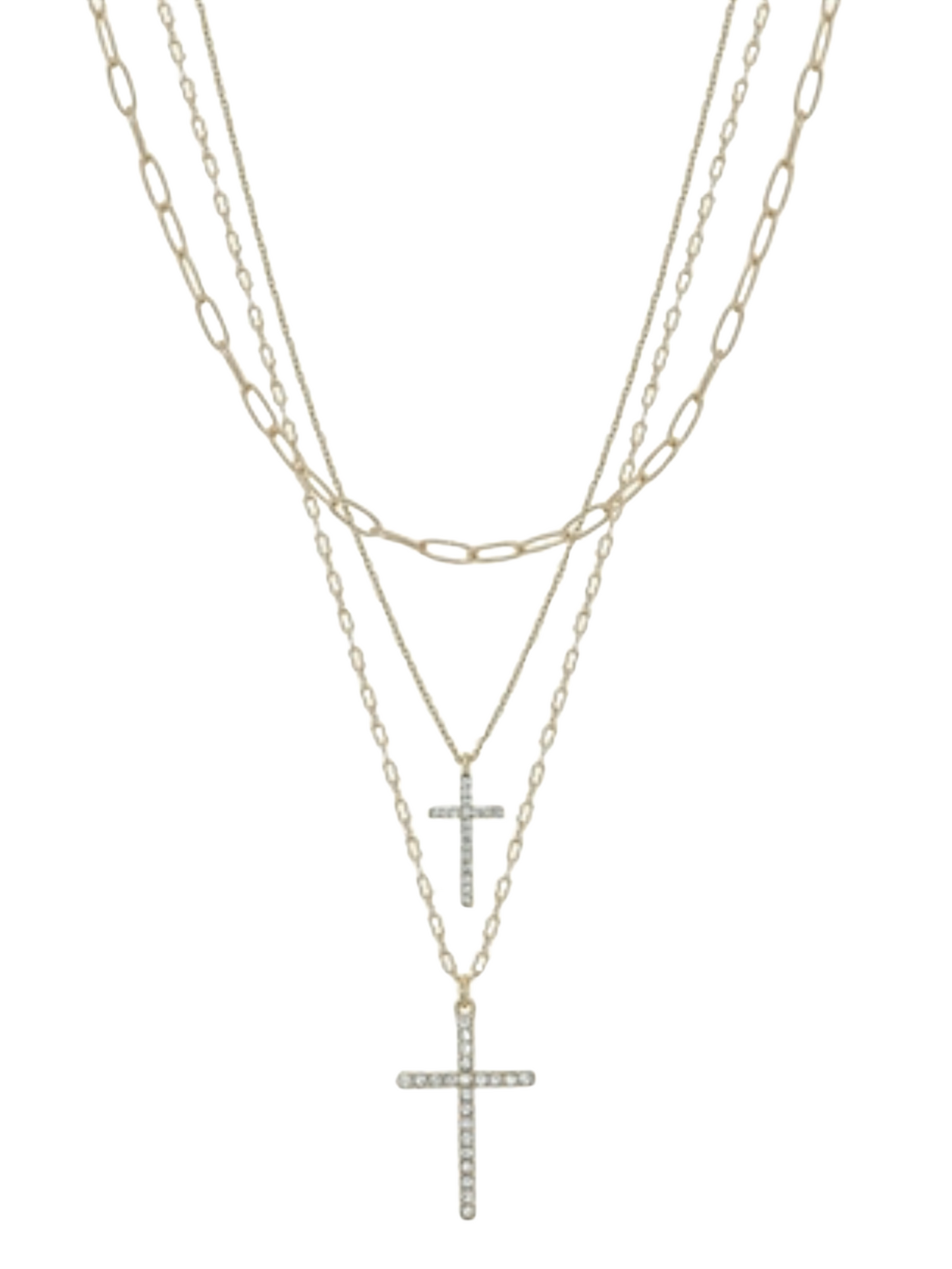 Gold Layered Rhinestone Double Cross Necklace