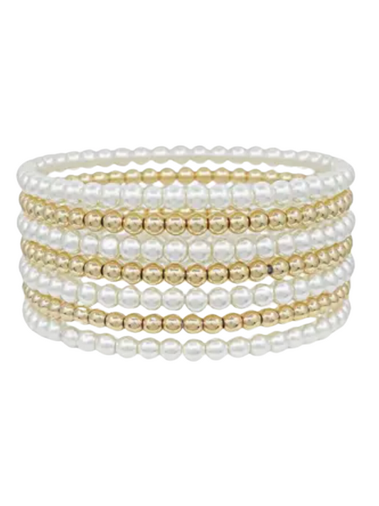 Set of 7 Water Resistant Gold and Pearl Stretch Bracelet