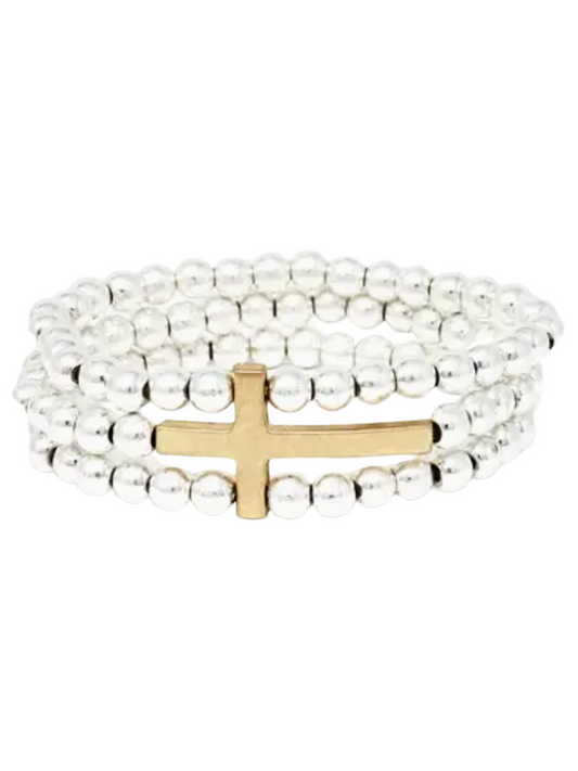 Silver Beaded with Gold Cross Stretch Bracelet Set