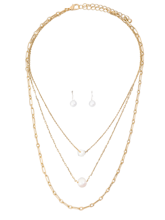 Double Pearl Charms Layered Chain Necklace Set
