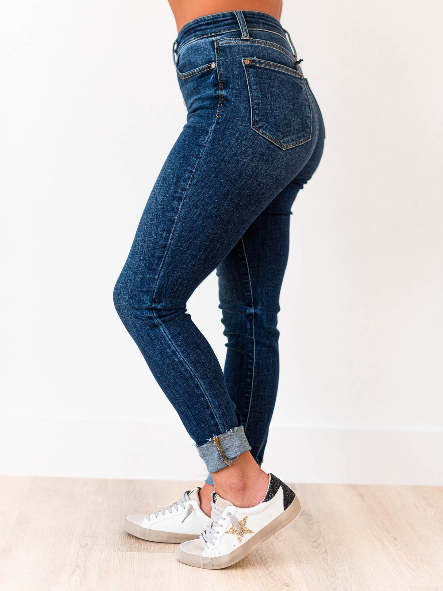 High Rise Button Fly Cut Off Skinny