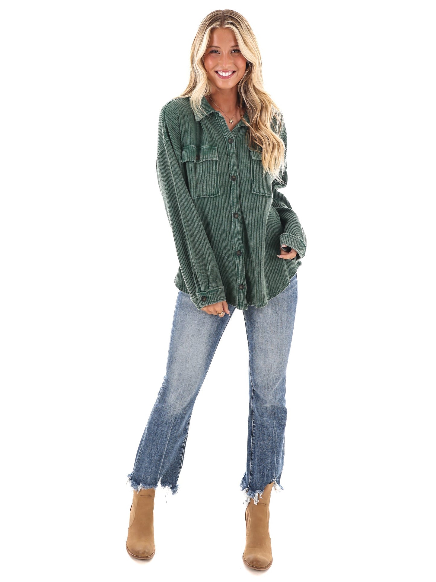 Chilly Days Waffle Knit Button Up Top