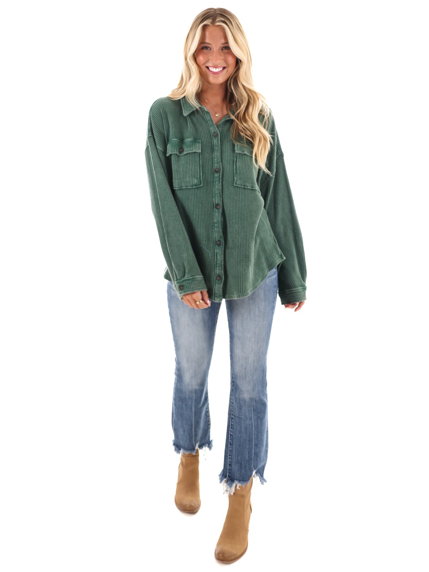 Chilly Days Waffle Knit Button Up Top