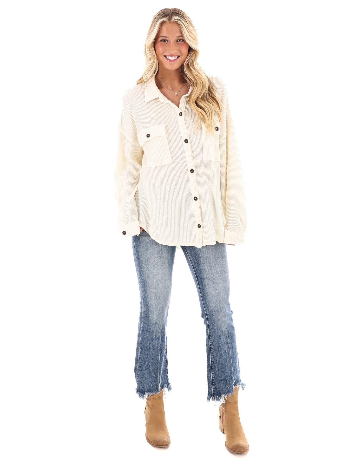 Chilly Days Waffle Knit Button Up Top