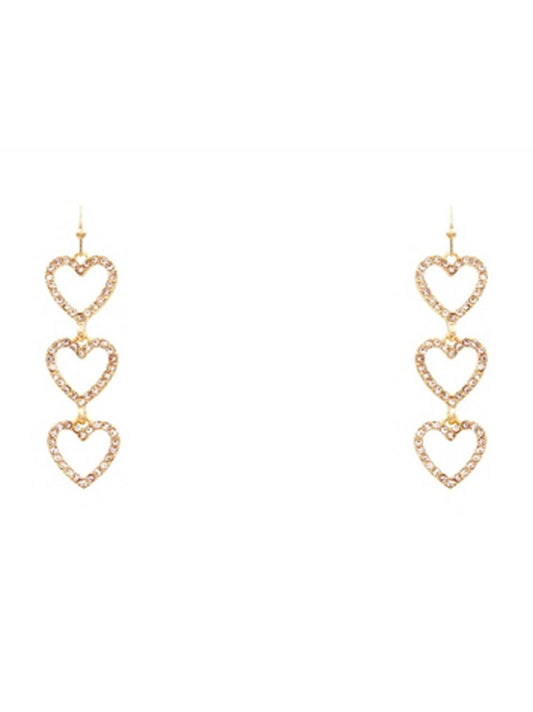 Triple Drop Gold Rhinestone Heart Earrings