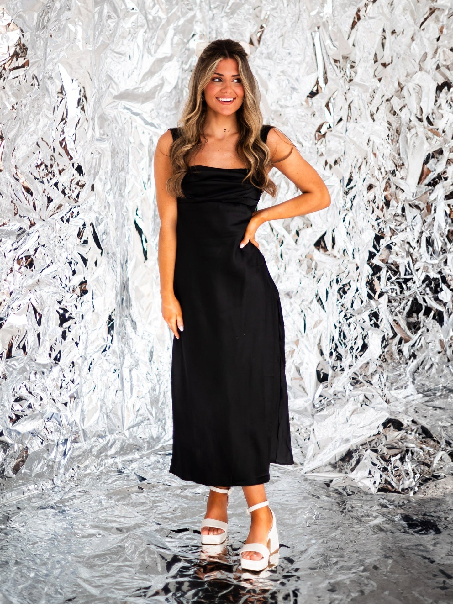 Out On the Town Off Shoulder Midi Dress