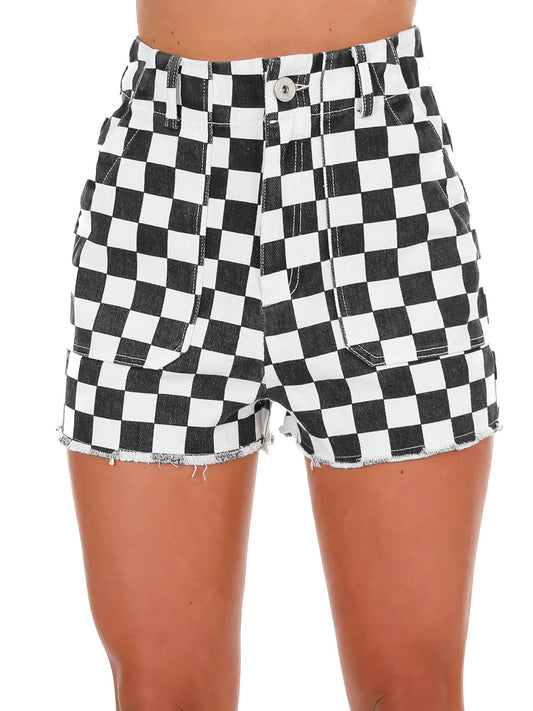 Got Your Number Checker Denim Shorts