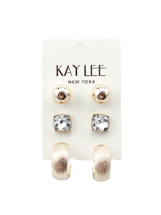 Rhinestone & Gold 3 Pair Earring Set